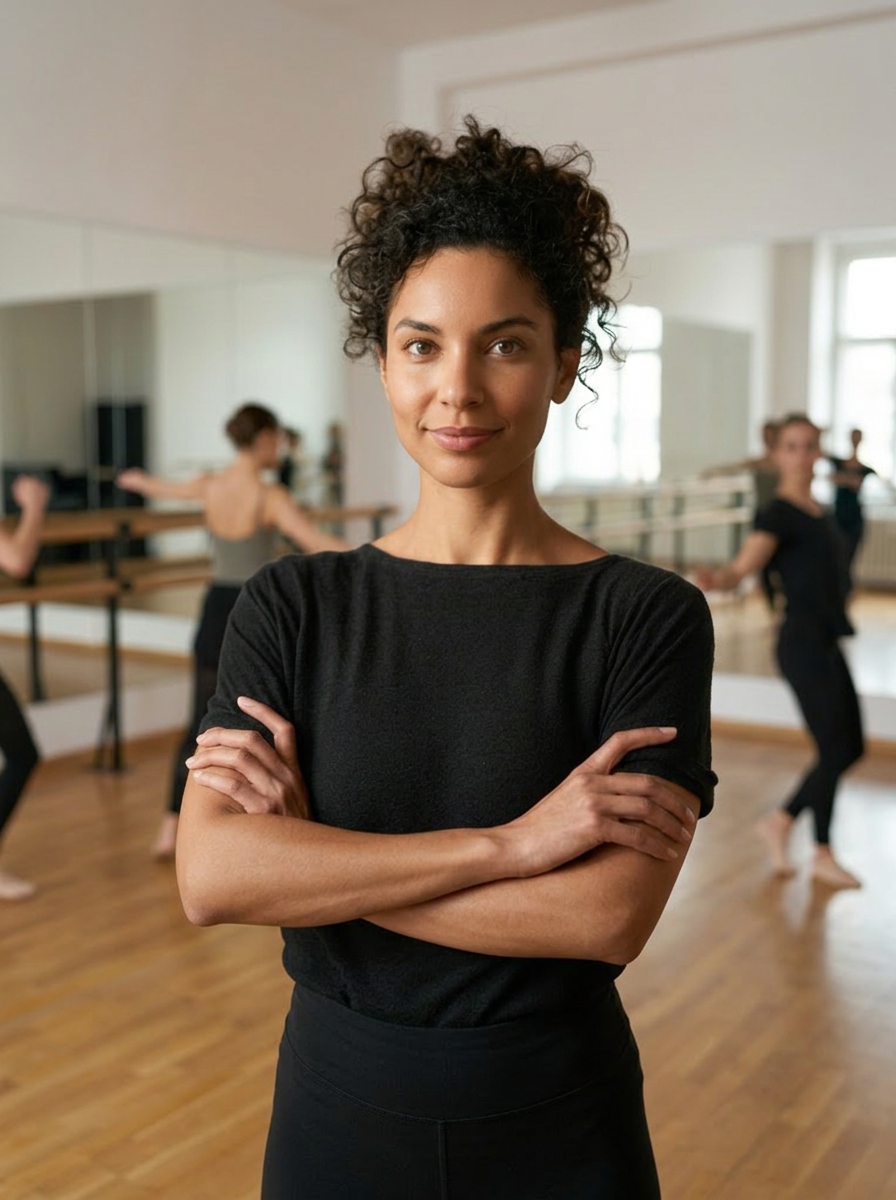 confident mixed race female in dance studio hero hf_20260305_012459_7b9eaee5-4560-4484-a6e0-0b1b13512a66 A woman stands confidently, arms crossed, with a gentle smile in a dance studio.