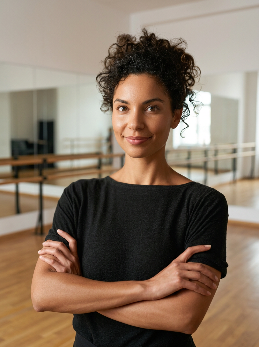 A woman stands confidently, arms crossed, with a gentle smile in a dance studio.